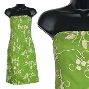 VINTAGE 90s Y2K CACHE STRAPLESS DRESS GREEN CREAM EMBROIDERED COTTON SIZE 8 EUC